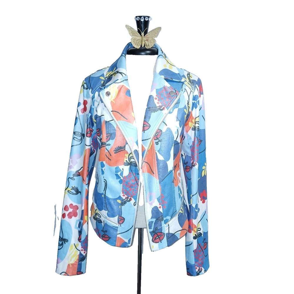Joseph Ribkoff Faye Face Print Women Faux Suede Moto Jacket M Blue Art To Wear
